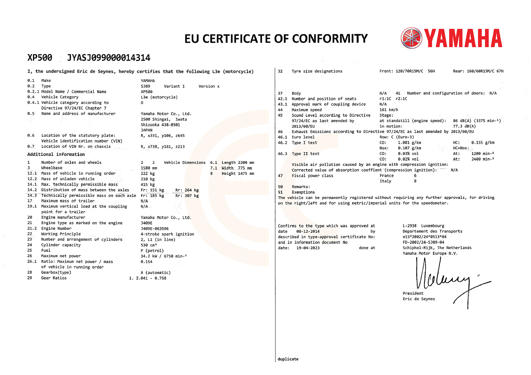 Yamaha Certificate of Conformity Yamaha COC 100% Official